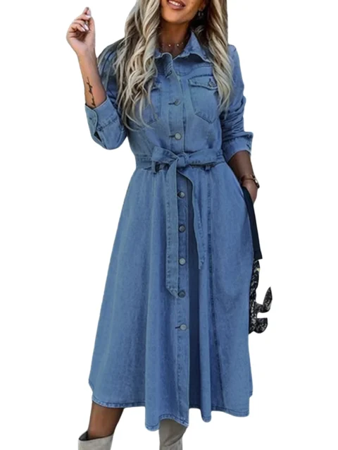 Women Classic Dress Single Breasted Solid Color Lapel Collar Dress with Pockets Loose Fit Long Sleeve Simple Daily Outfit 7