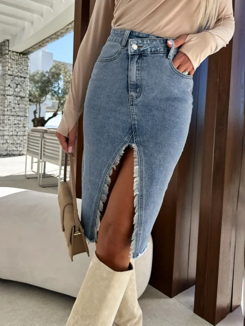 Women's Fresh And Sweet Split Fashion Casual Solid Denim Hip Wrap Dress Fringe Skirt 1