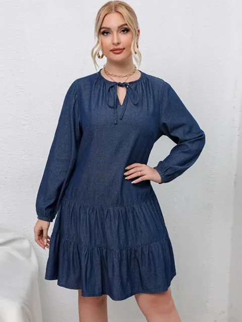 Blue temperament commuting casual bubble sleeve cover loose round neck hollowed out solid color denim skirt elegant dress 1