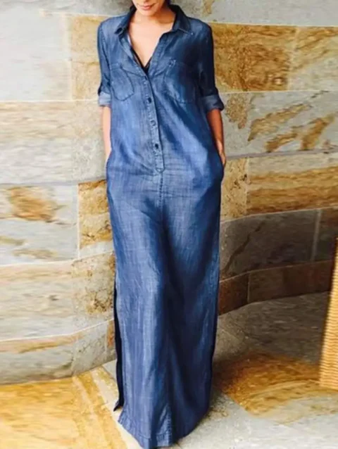Fall Spring Women Dress Solid Color Loose Denim Turn-down Collar Long Sleeve Ankle Length Button Split Hem Plus Size Bohemian Co 1