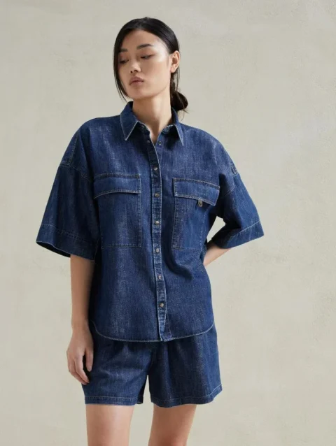 2024 Temperament Double Pocket Short Sleeve Women Denim Shirt + Shorts Set 2