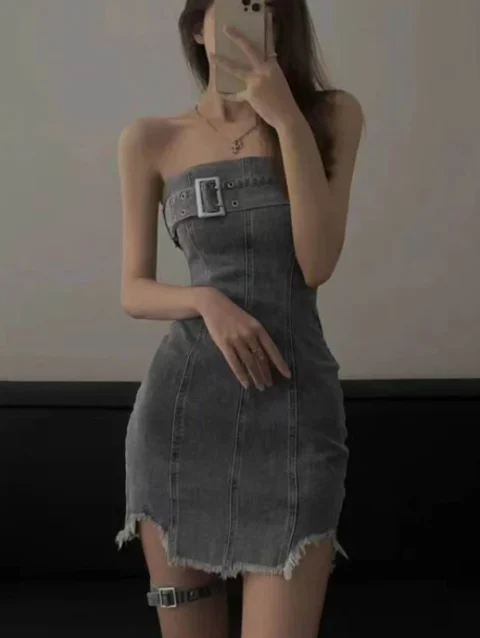 New Bodycon Dress Birthday Party Small Dress High-end Light Luxury Niche Early Fall Sexy One-shoulder Denim Bustier Y2k Dresses 1