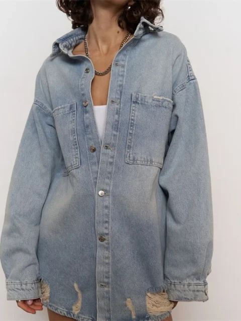 Distressed Washed Denim Long-Sleeved Shirt Women's Autumn Boyfriend Style Coat Women 1