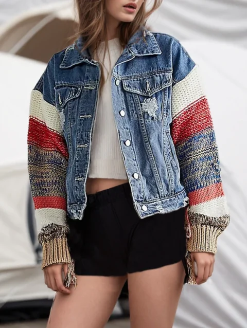 Spring New Coat Street Trendy Color Contrast Splicing Knitted Sleeve Design Feeling Denim Jacket Loose Jacket 2024 Women's Wear 1