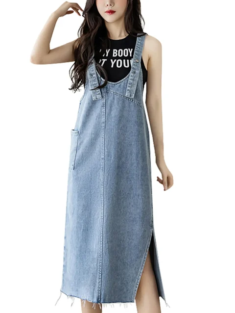 Women'S Denim Fabric Casual Fashionable Solid Color Loose Pocket Strap Skirt High Quality Slit Dress Strap Skirt فساتين السهرة 1