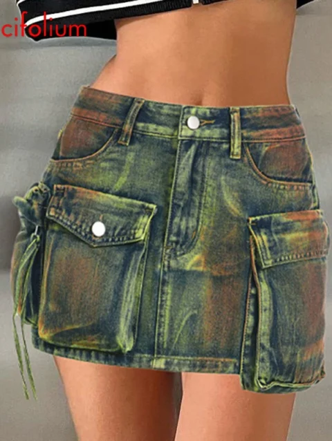 Summer Y2k Hotsweet Chic Indie Streetwear Mini Denim Skirts Tie Dye Irregular 3D Pocket Distressed Jeans Mini Dargo Skirt 2024 1