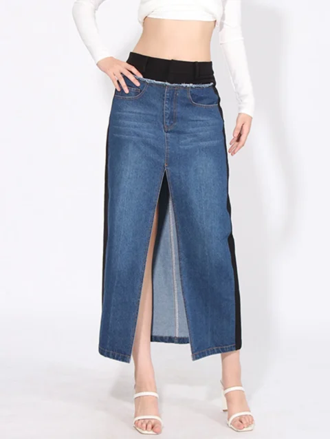 Modphy 2024 Women Fashion Front Slit Patchwork Blue Denim Skirt High Waist Slim Zipper Midi Skirts Female Casual Vintage Skirts 2