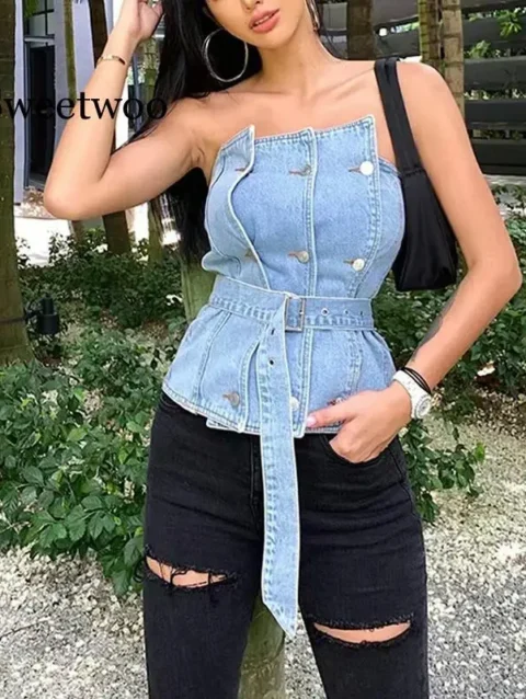 Women elegant off shoulder denim shirt sexy sleeveless belt blouse ladies casual womens tops and blouses 2020 1