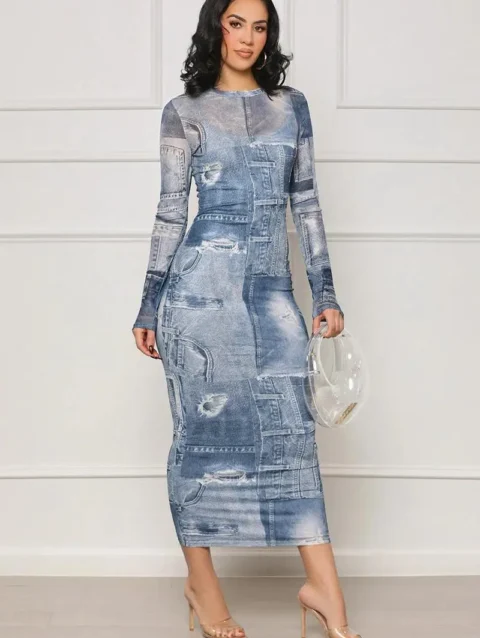 CINESSD 2023 Women's Elegant and Exquisite Sexy Women's Slim-Fit Denim Pattern Printed Sheath Dress Long Dress 1