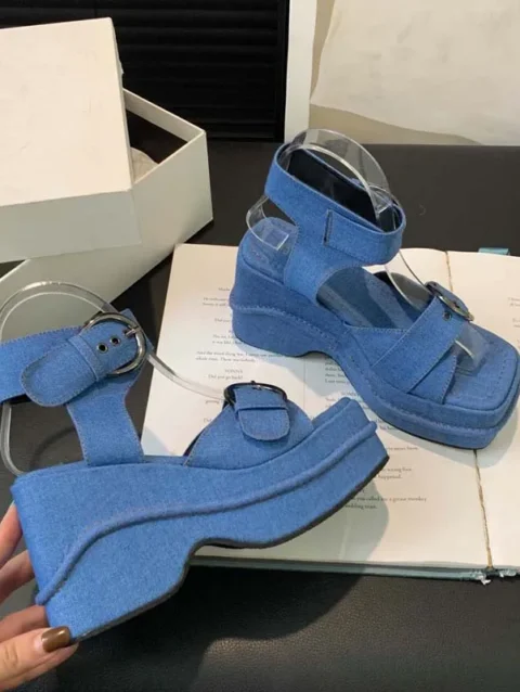 Black Platform Wedges Sandals Blue Denim Chunky Shoes Summer Punk Ankle Buckle Party High Heels For Women 2024 Sabdalia De Mujer 5