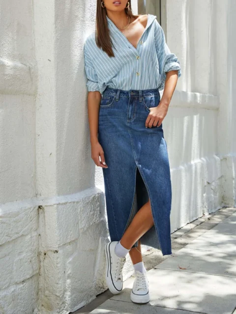Women High Waist Long Denim Skirt Elegant Slit Raw Hem A-Line Summer Casual Midi Jean Skirts with Pockets 1