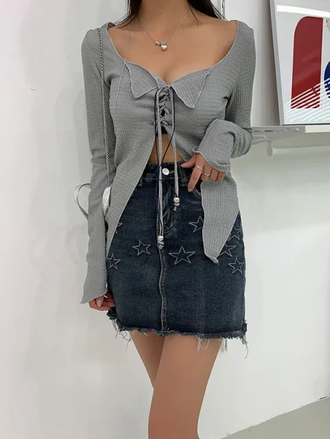 Women Vintage Denim Blue Half Body Skirt Star Print Fashion Design High Waist Wrap The Buttocks A-Line Short Skirt Ladies Summer 1