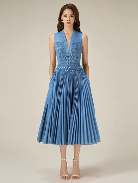 SuperAen 2024 Summer Heavy Industry Denim Pleated Dress Female Vietnamese Designer Woven Beaded Niche Style Small Dress 1