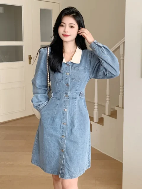 Elegant Women Denim Shirts Dress Autumn Oversized Turn-down Collar Long Sleeve Single Breasted Female Dress 1
