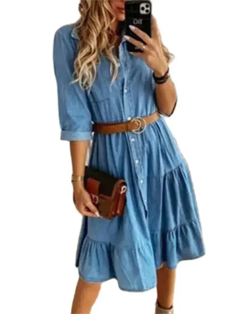 Autumn Thin Long Sleeve Women Denim Dress Lapel Single-breasted Cardigan Female Gown New Casual Multi-layer Splicing Hem Dresses 1