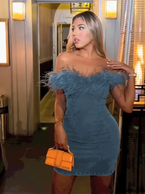 2024 Spring Summer New Women Strapless Chest Wrap Dress Chic Off Shoulder Fur Edge Denim Dresses Sexy Hip Wrapped Short frock 1