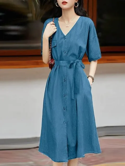 ZANZEA Women Summer Long Dress Elegant Short Sleeve V Neck Sundress Casual Kaftan Midi Dresses 2024 Fashion Denim Belted Robes 7