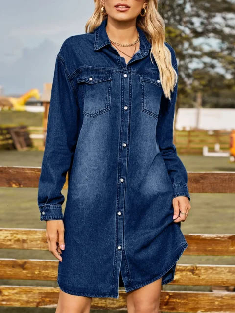 Classic Dress Solid Color Lapel Collar Denim Shirt Dress Single Breasted Women Short Jean Dress Vintage Pockets Streetwear Suit 1