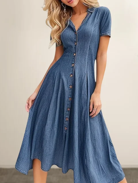 Button Down Women Short Sleeve Dress Solid Color Lapel Collar Short Denim Dress Blouse Long Dress Vintage Style Daily Outfit 1