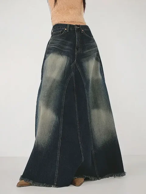 Distressed Raw Edge Bleached Contrast Color Denim Skirts High Wasit A-line Vintage Long Jupe Y2k Aesthetic Punk Streetwear Falda 3