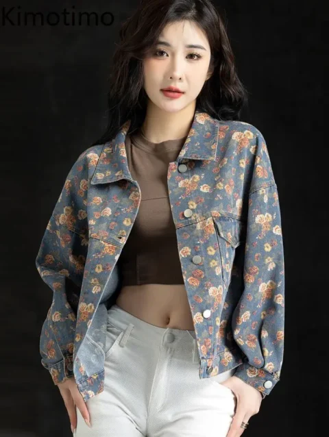 Kimotimo Print Denim Jackets Women 2024 Spring Short Lapel Long Sleeve Floral Coats Korean Fashion Streetwear Casual Crop Top 1