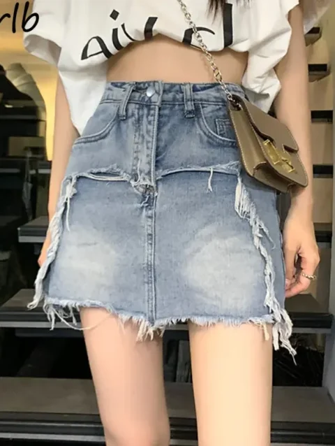 Denim Skirts Women S-5XL Ripped Irregular Hotsweet Vintage Summer High Waist Streetwear Students Fashion Simple All-match Daily 1