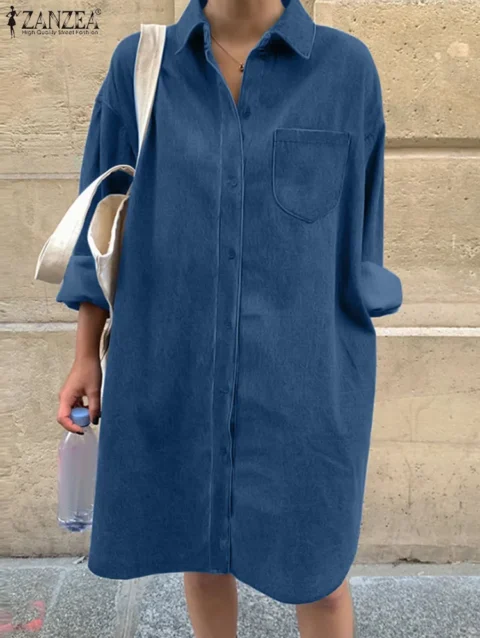 ZANZEA 2024 Denim Shirt Dress Elegant Lapel Neck Long Sleeve Vestidos Women Solid Casual Party Dress Summer Holiday Female Robe 1