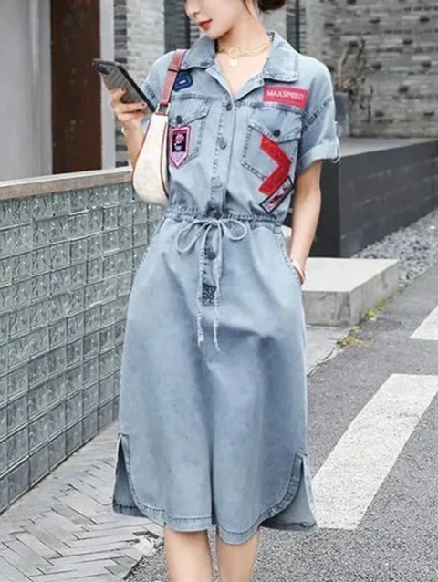 Summer New Polo-neck Vintage Patchwork Denim Dress Ladies Slim Casual Waist Lace Up Robe Femme Korean Fashion Vestidos De Fiesta 1