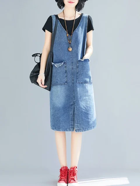 Casual Denim Strap Dress Women's Long Dresses New Summer Korean Elegant Pocket Sleeveless V-Neck Pullover Jeans Dress Female 1