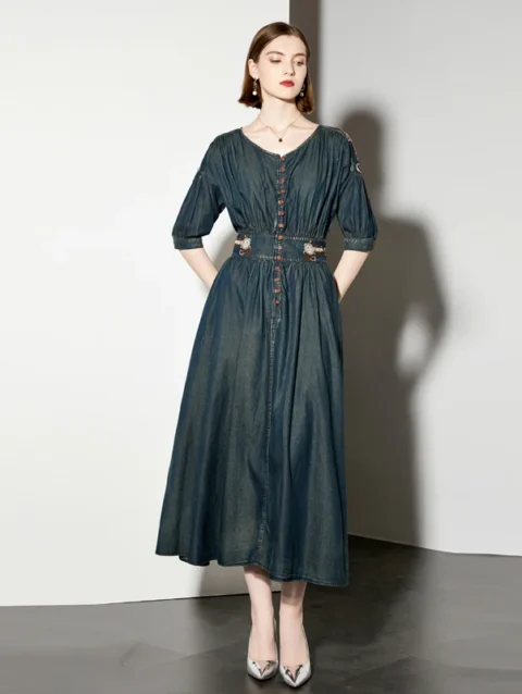 New 2024 Spring Summer Deinim Embroidery Flower Long Dress Vintage Women O Neck Half Sleeve Lace Up Slim Soft Cowboy Midi Dress 1