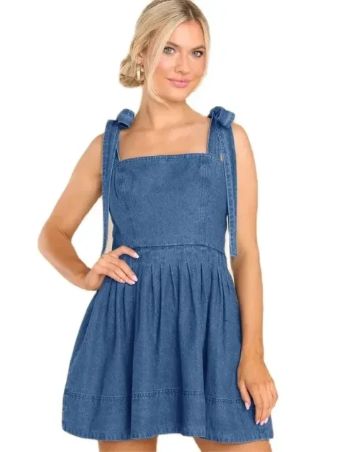 High Waist Slim Fit Women Lace-up Suspenders Denim Dresses Backless Zipper Splice Dress Female Sweet Style Casual Commuter Gown 1