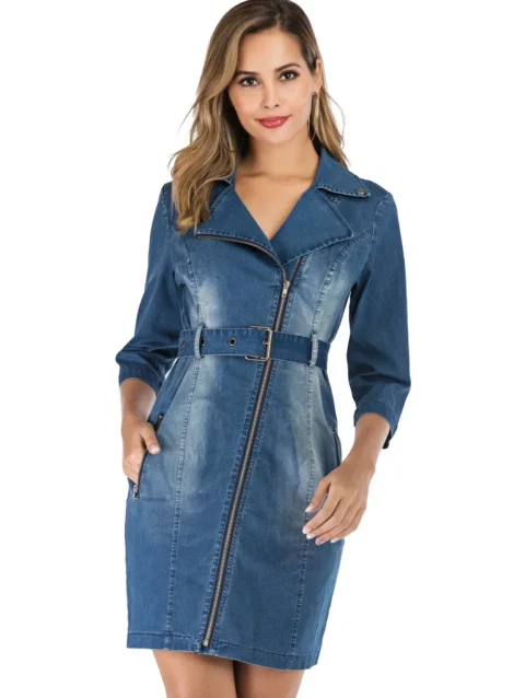 Three Quarter Sleeve Office Lady Denim Dress Spring Autumn Sashes Slim Jeans Dress Female Notched Zipper Bodycon Bandage Dress 1