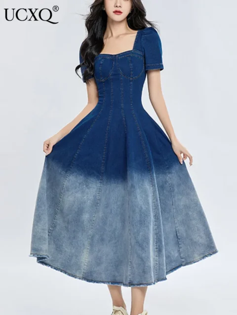 UCXQ Vintage Gradient Color Denim Blue Dress For Women's New Fashion Splice Short Sleeve Long Dresses 2024 Spring Summer 23A7345 1