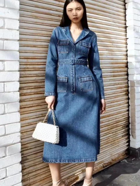 Women Early Spring Belted Waist Denim Blue Long-sleeved Lapel Dress 1