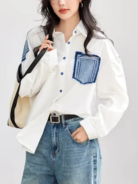 Fashionable denim patchwork white shirt for women's 2024 spring clothing new niche pure cotton top 2