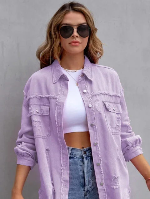 2024 Holes Raw-edges Denim Jacket Women Spring Autumn Shirt Style Jeancoat Casual Top Rose-Red Orange Purple Outerwear Lady Coat 1