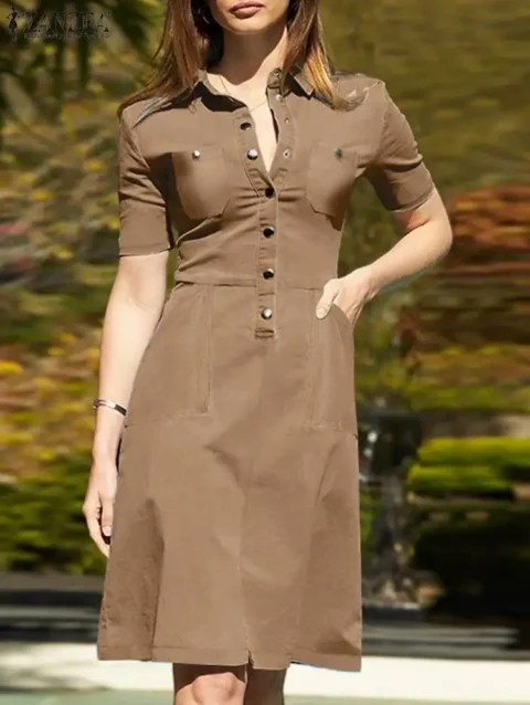 2023 ZANZEA Fashion Summer Lapel Neck Short Sleeve Shirt Dress Women Elegant Denim Blue Sundress Casual Slim Office Work Vestido 1