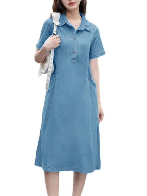 2024 ZANZEA Summer Lapel Neck Short Sleeve Denim Blue Dress Women Elegant Solid A-line Knee-length Sundress Casual Party Vestido 9