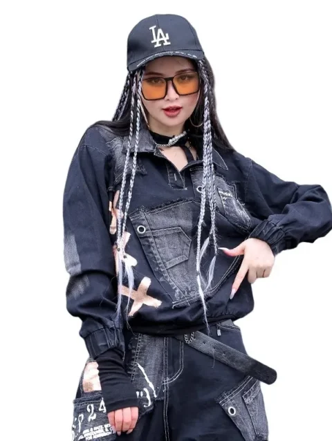 Vefadisa 2024 Spring Autumn New Design Sense Personalized Style Black Long Sleeved Top Women Loose Fitting Denim T-shirt ZXF512B 6