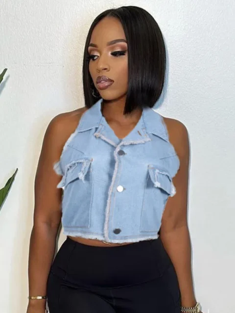 KOXINVES Casual Denim High Waist Tank Top For Women 2024 Summer Wrapped Chest Halter Shirt Collar Button All-match WS1562 1