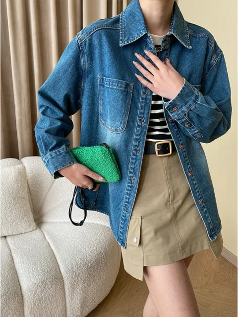 2024 Spring Double Pocket Oversize Denim Shirts Women Lapel Collar Loose Pure Cotton Shirt Coat Tops 2
