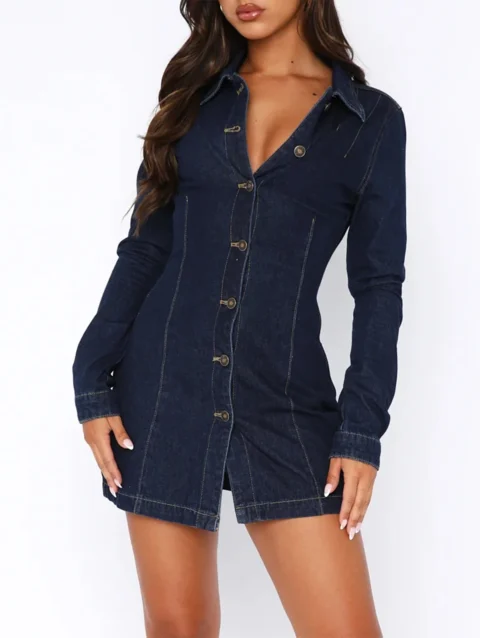 Women Long Sleeve Dress Turn Down Collar Ladies Blue Short Dress Solid Color Classic Style Slim Fit Spicy Girl Streetwear Suit 1