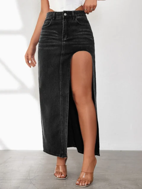 Sexy High Split Denim Skirt For Women Solid High Waist Bodycon Long Skirt Korean Style Jean Midi Skirt Summer Fashion Skirt 1