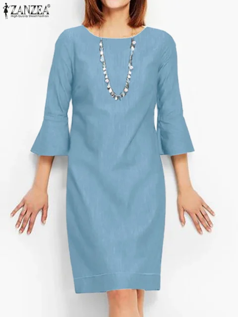 ZANZEA Women Solid Denim Dress Elegant Round Neck Vestidos Casual Flared Sleeve Party Dresses 2024 Summer Holiday Female Robes 1