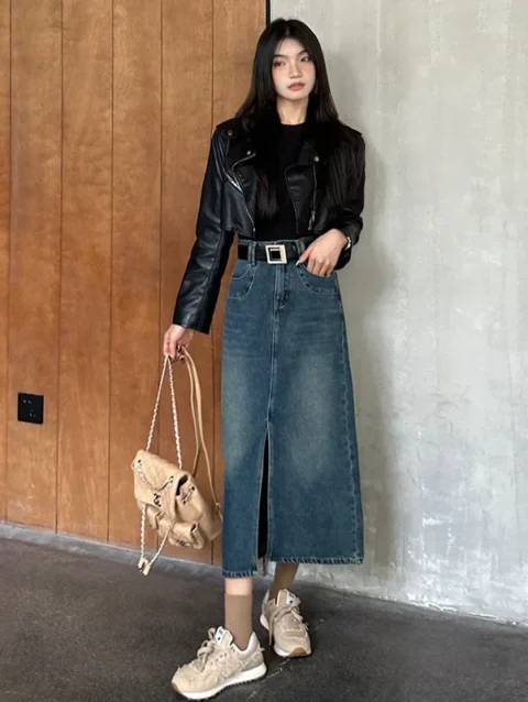Long Denim Skirts Women Loose High Waist All-match Casual Retro Distressed Streetwear Slit Harajuku Y2k New Autumn Fashion Chic 1
