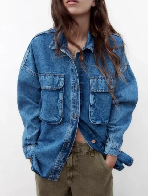 Blue Loose Denim Shirt Design With Patch Pockets Embellished With Vintage Washed Casual Lapel Short Jacket 1