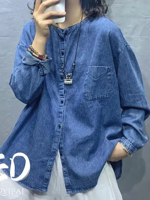Denim Women Shirt 2024 Spring Summer Cardigan Loose Coat Korean Fashion Pockets Casual Lady Blouse Female YoyiKamomo 1
