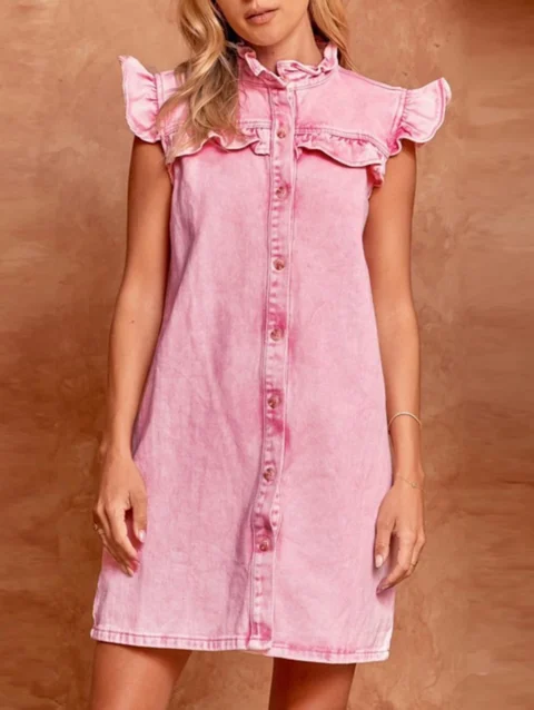 Vintage Style Retro Denim Dress Solid Color Women Pleated Mini Dress Loose Fit Casual Dress Single Breasted Cotton Daily Outfit 1