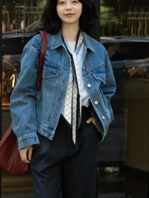LKSK Spring Jacket Women's Casual Denim Retro Versatile Solid Color Simple and Elegant Korean Fashion Design Loose Pockets 5