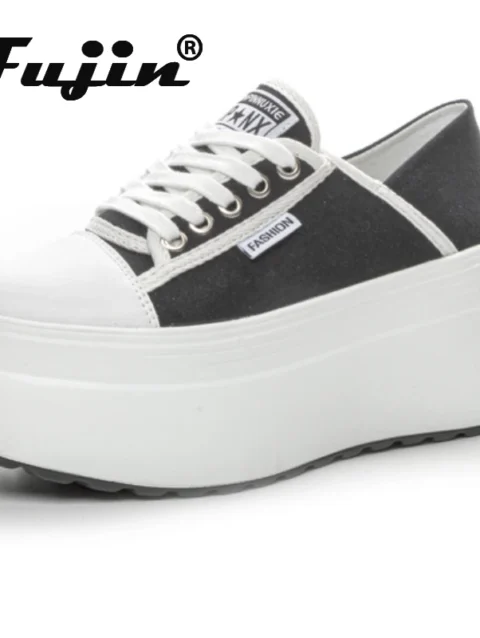 Fujin 8cm Denim Genuine Leather High Brand Breathable Spring Summer Platform Wedge Shoes Chunky Sneaker Casual Comfy Lady Shoes 1